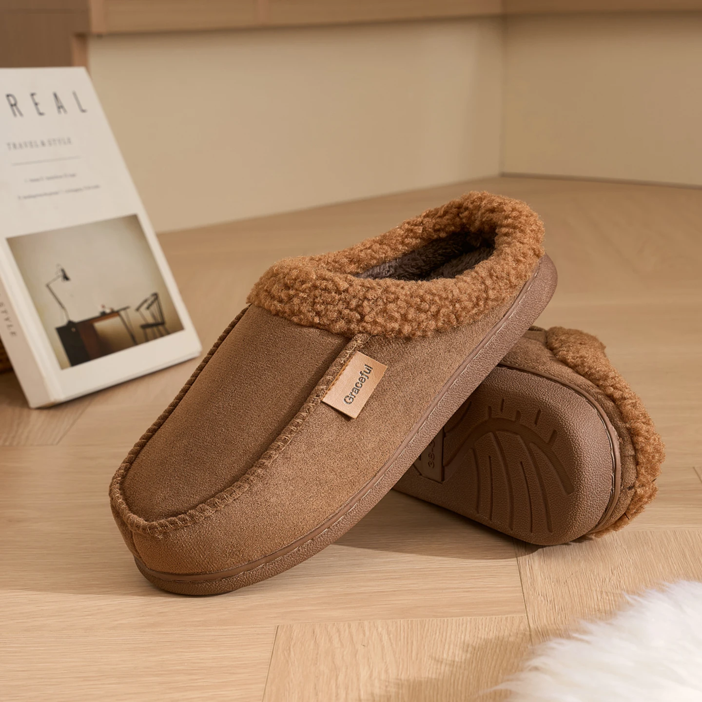 Men's Solid Plush Slippers Warm Fuzzy Fleece Lined Non-Slip Indoor House Shoes for Couples Slip-on Winter Fall Casual Home Daily