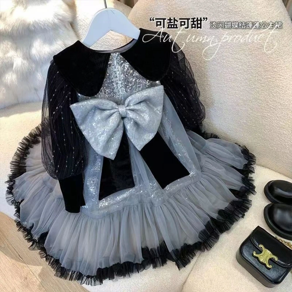 New Girls' Dress Doll Neck Sequin Bowknot Korean Version Fashion Princess Dress 2023 Spring and Autumn Girls' Clothing