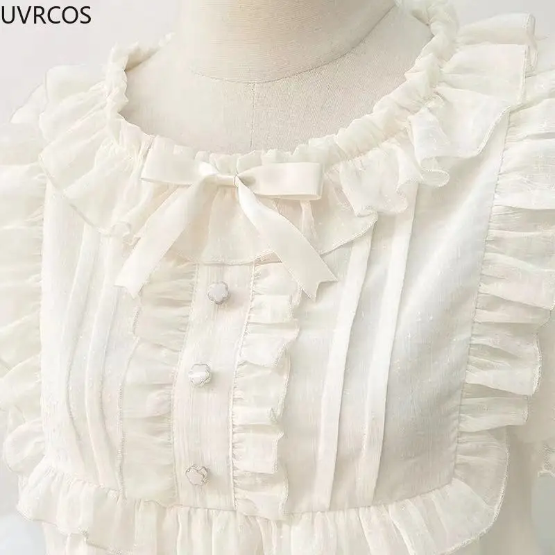 Japanese Kawaii Lace Short Sleeve Lolita Blouse Women Summer Sweet Bow Ruffles O Neck Loose Chiffon Top Victorian Whier Shiirts