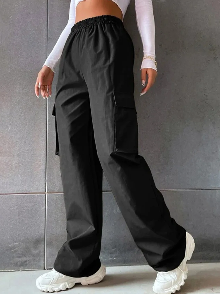 Elastic Waist Fashionable Workwear Pants High Waist Wide Leg Pants Loose Solid Color Casual Sports Pants WOMEN'S Sportswear