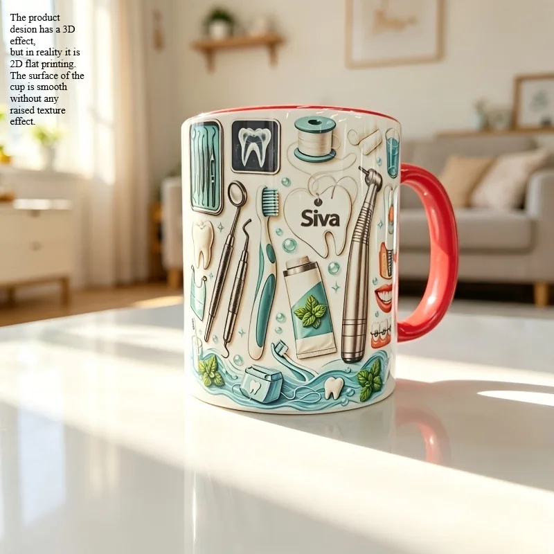 Persoonlijkheidstentoonstellende keramische mok met tandheelkundig instrumentenpatroon, meerkleurige binnenkant, koffie- of theekop, klassiek souvenircadeau voor tandartsen.