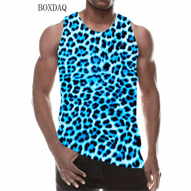 Fashion Leopard Men\'s Tanks Summer Sleeveless Animal Pattern 3D Print Male Vest Loose Casual Round-Neck Sporty Gym Tops Hip Hop