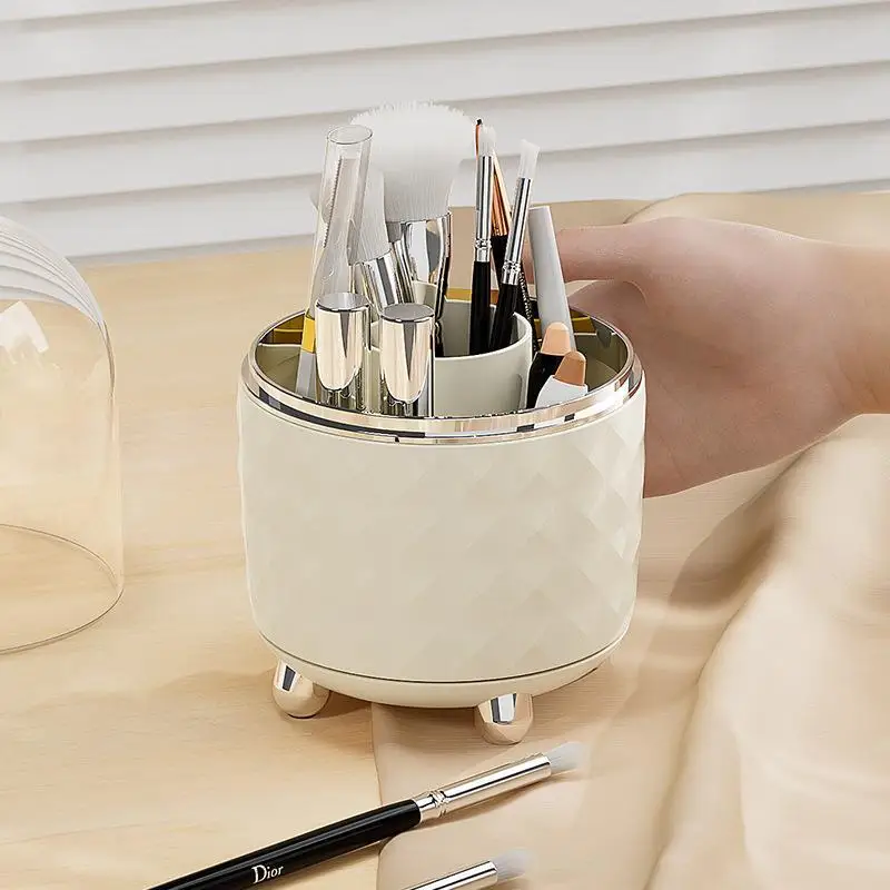 [L] 360 Degree Rotating Makeup Brush Holder Large Capacity Diamond Pattern For Vanity Desk Bathroom Cosmetics Storage