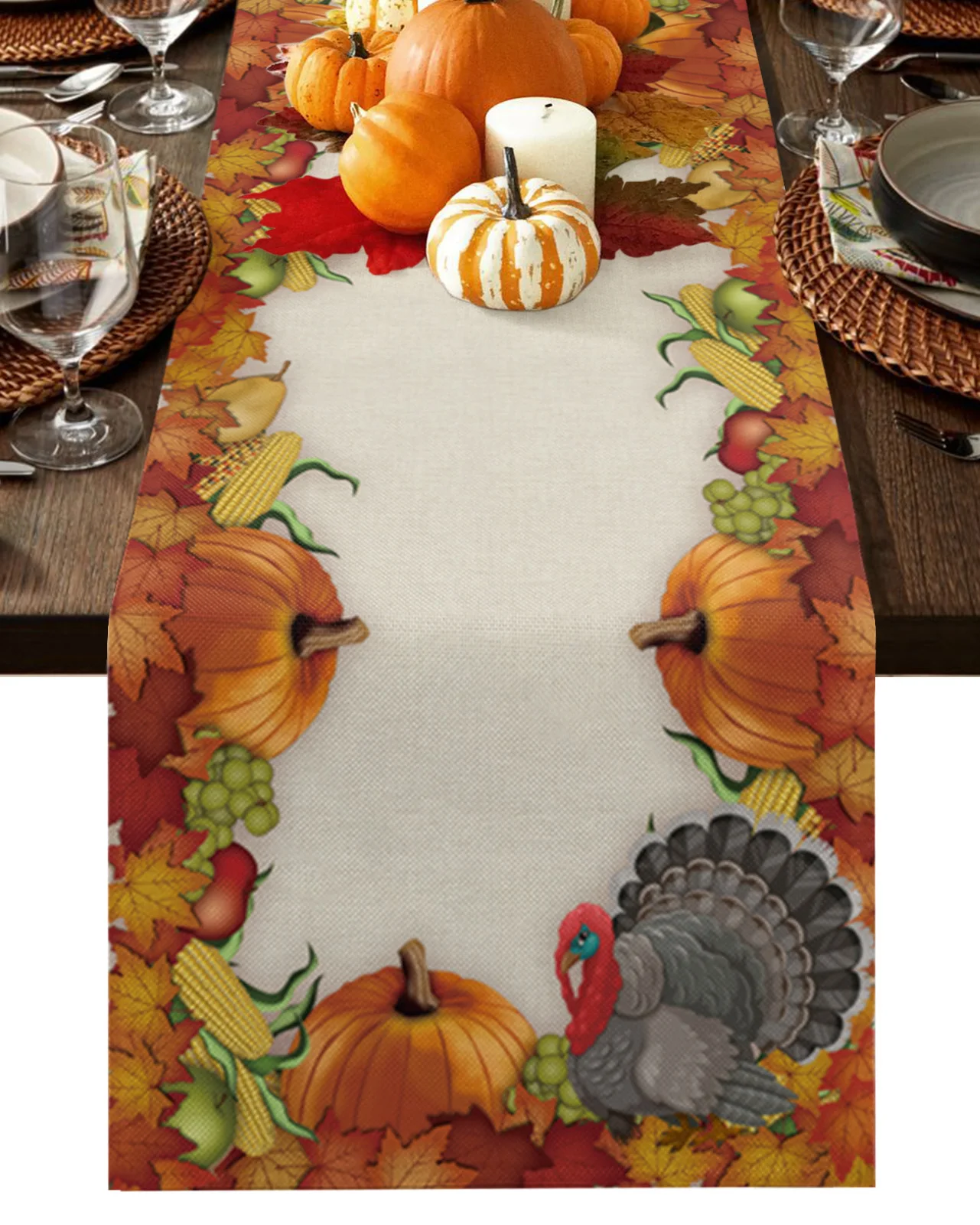 

Thanksgiving Table Runner Farm Turkey Maple Leaves Country Decor Anti-stain Table Runner for Dining Table Christmas Decorations