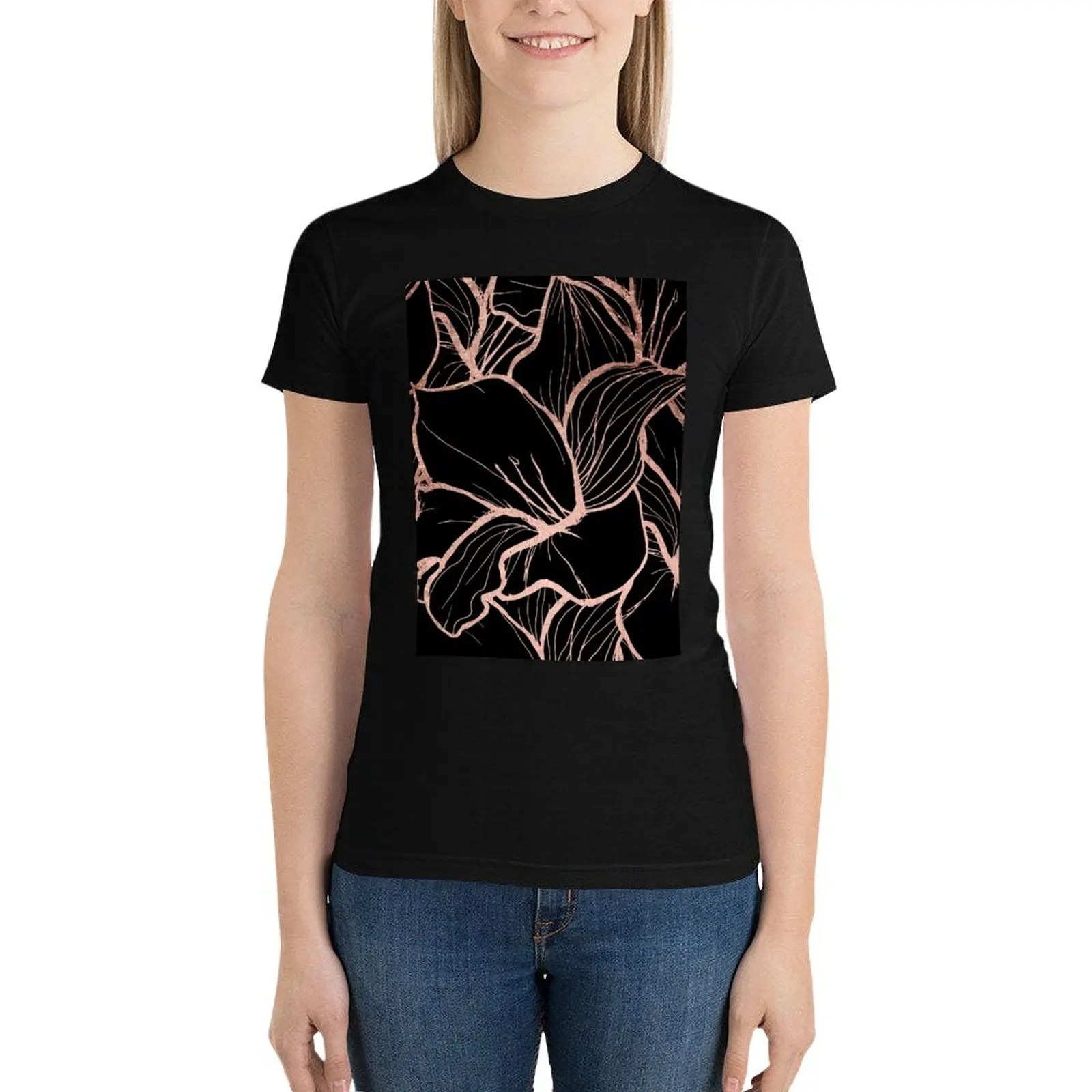 Modern rose gold abstract handdrawn floral pattern on black T-Shirt hippie clothes anime clothes tees western t shirts for Women