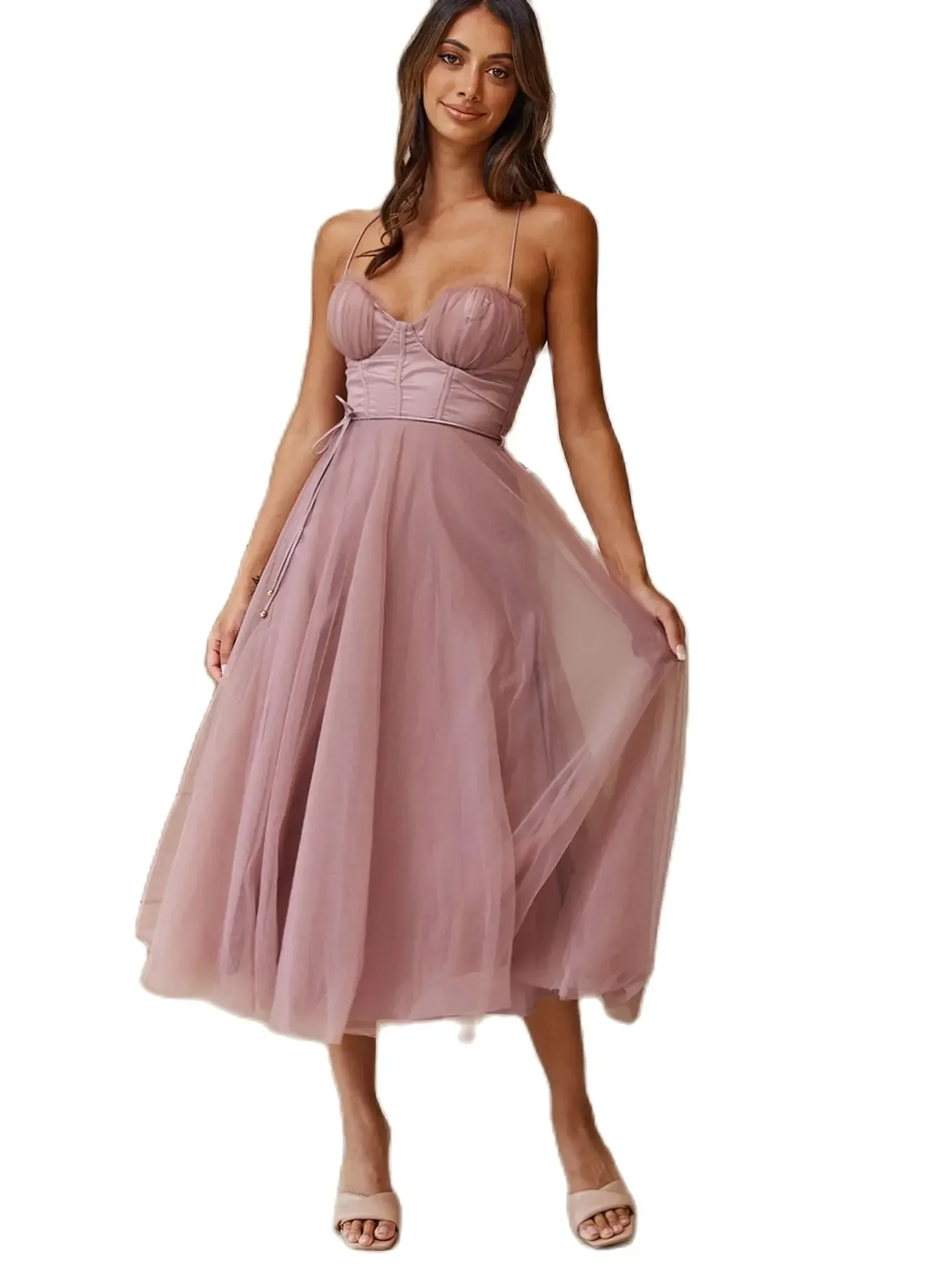 

Sexy Sweetheart Spaghetti Straps Mesh Party Tea Length Evening Dress