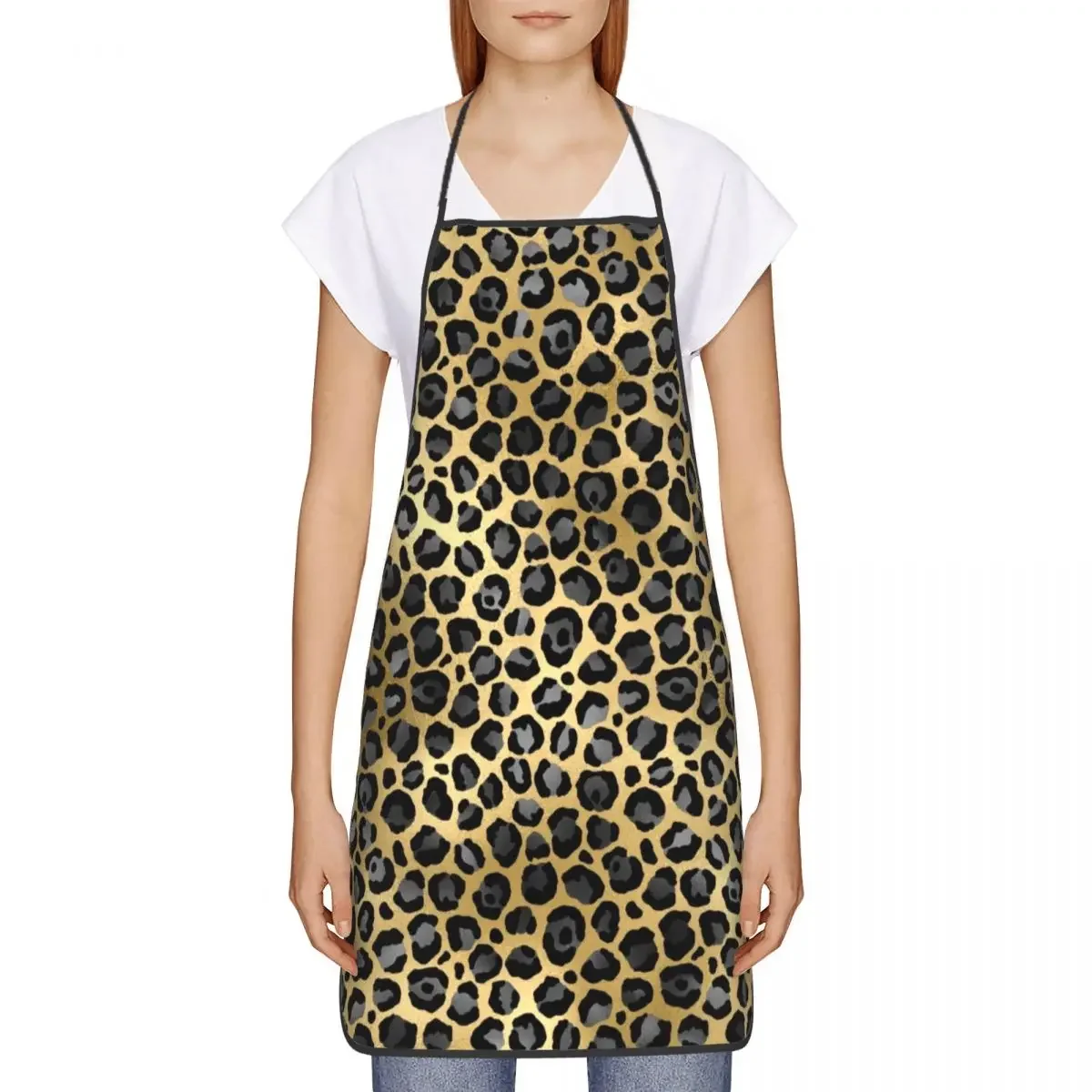 Funny Gold Leopard Lover Print Pattern Bib Apron Men Women Unisex Kitchen Chef Tablier Cuisine for Cooking Baking Gardening