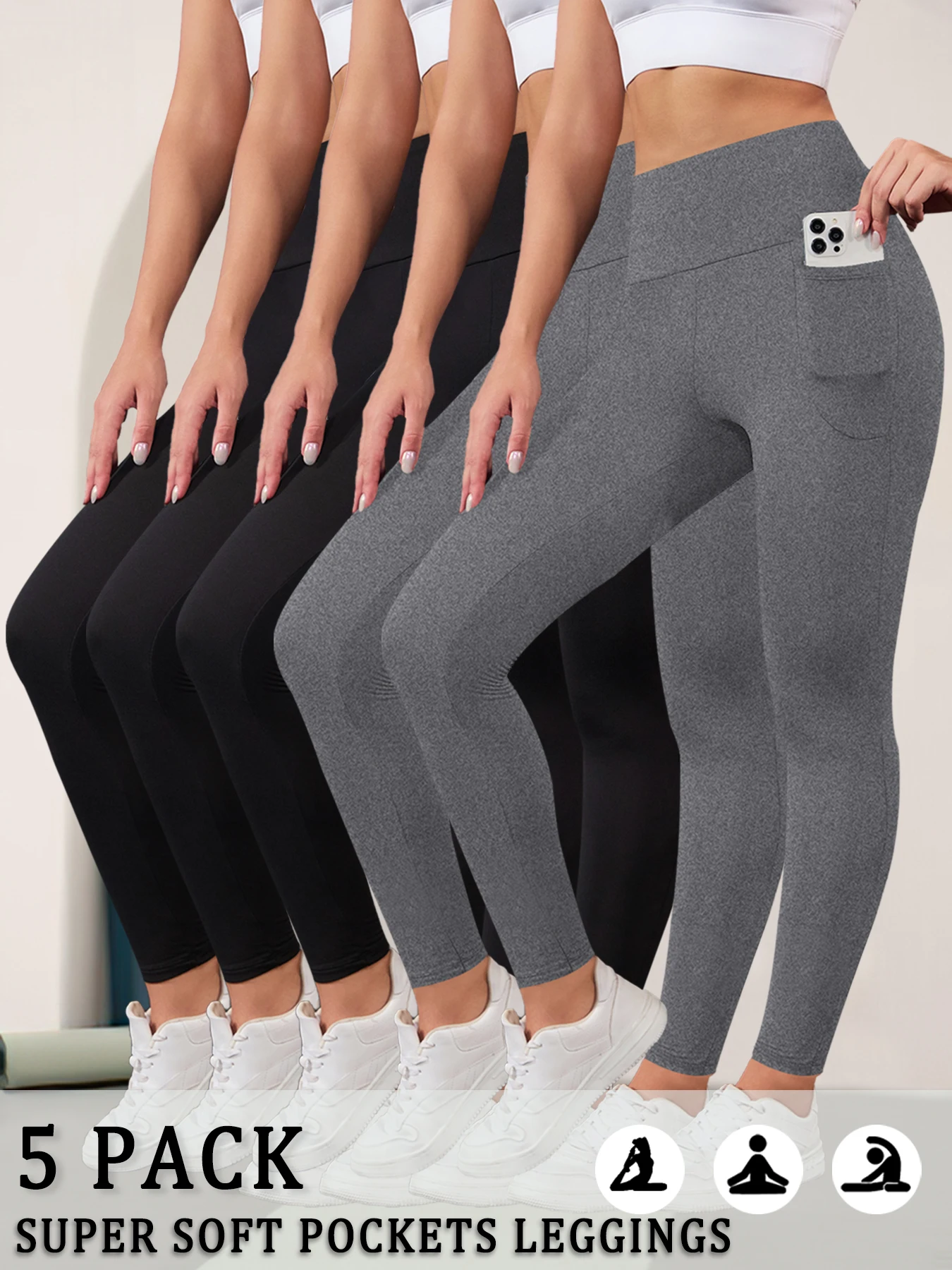 

5 Pack Super Soft Sports Leggings With Pockets For Women High Waisted Workout Yoga Running Tight Pants Push Up Gym Fitness