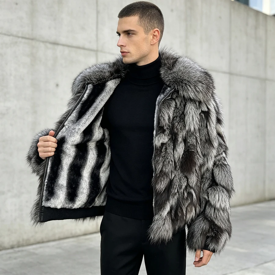 Natural Silver Fox Fur Jacket With Wing Collar With Rex Rabbit Fur Lining Cropped Fox Fur Coat Furry Jacket Luxury Men's Winter