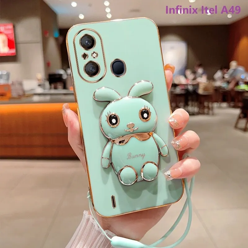 Phone Case for Infinix Itel A48 A49 A36 Infinix Itel A37 Itel Vision 1 1 Pro Plating Square Rabbit Holder With Landyard Cover