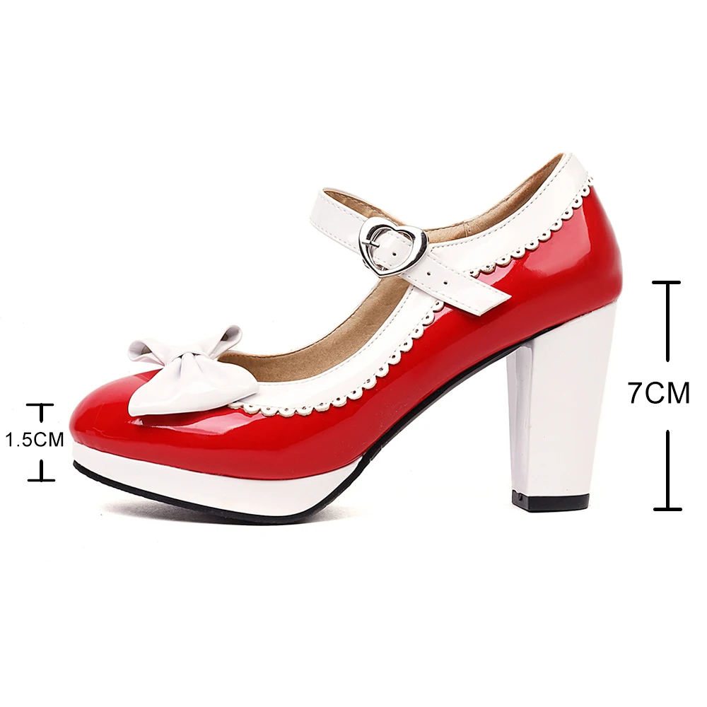 Sweet Mary Jane High Heels Women\'s Bow Pumps Patent Leather Woman Thick Platform Lolita Women Party Shoes Buckle Shallow Shoes