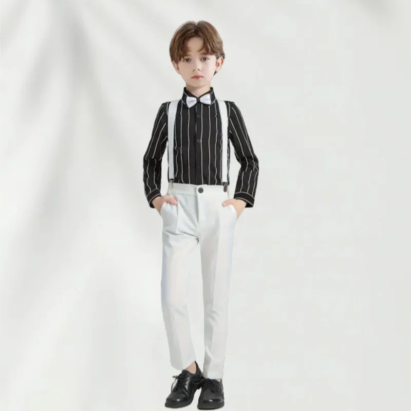 Kids Formal 4pcs Suit Set With Shirt Suspender Pants Bowtie Perfect for Performances Birthdays Flower Boys Wedding Outfit