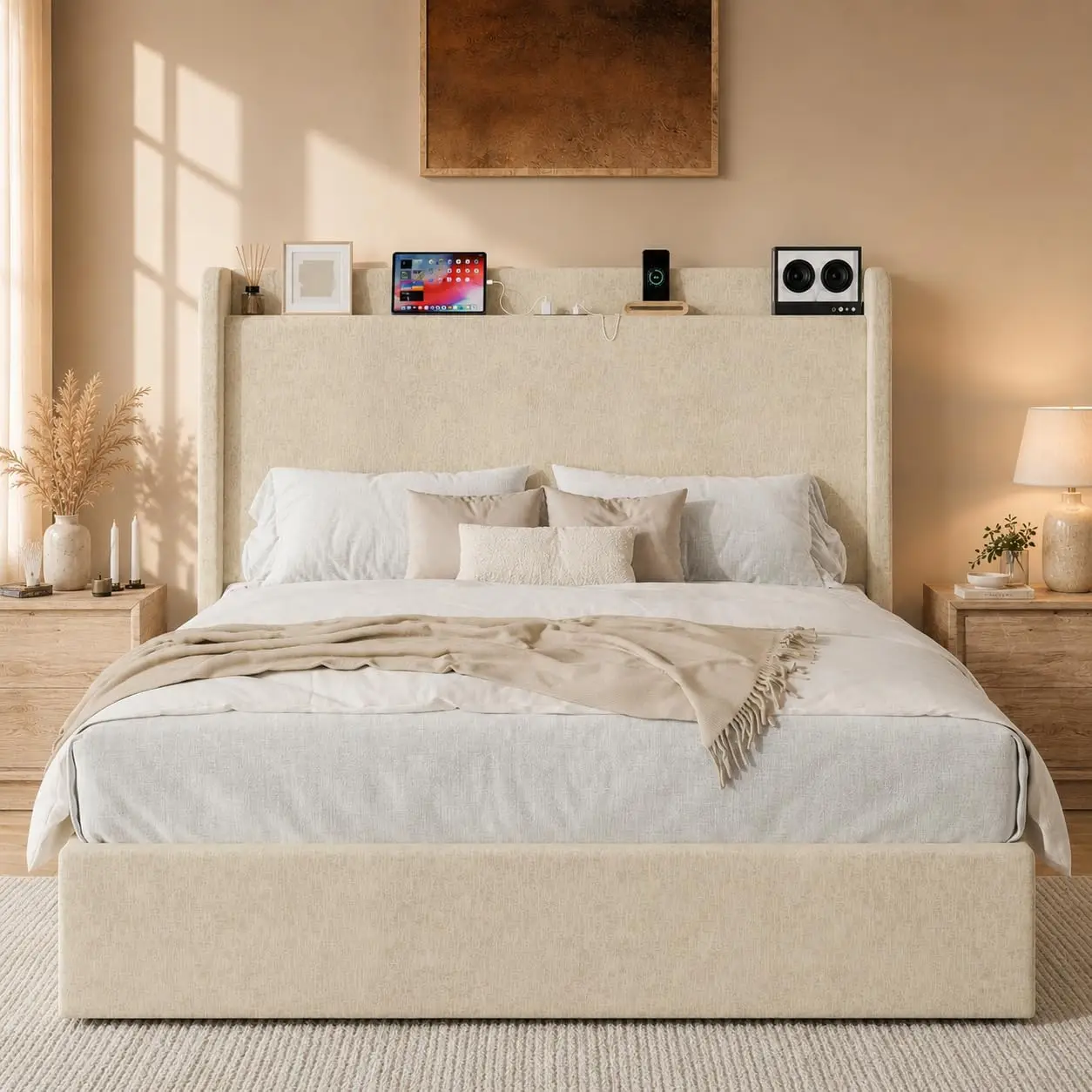 Queen Bed Frame Chenille Storage Headboard USB Greige, Customized