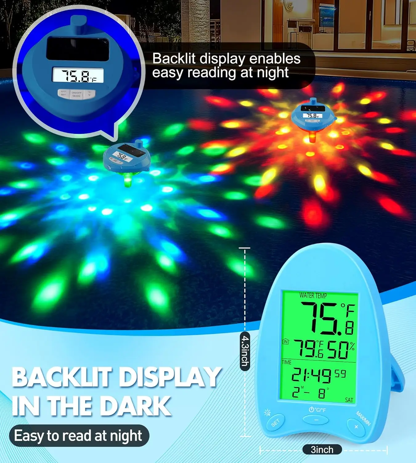 Wireless Solar Pool Thermometer with Light Show & Backlit Display for Night Reading