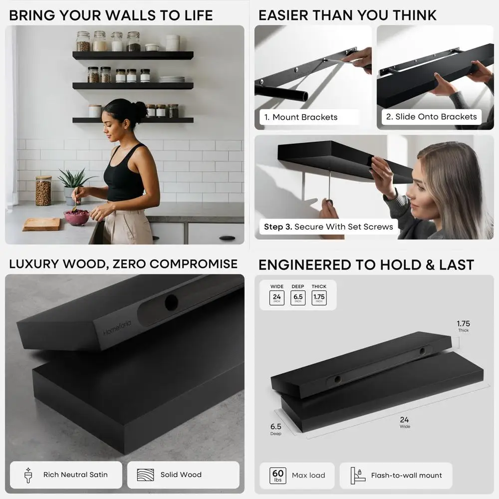 

24 Inch High-End Solid Wood Floating Shelves for Bathroom, Wall-Mounted, Black Wooden, Heavy Duty, Set of 2
