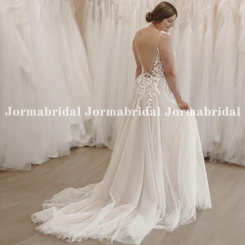 Semplice abito da sposa in Tulle Boho senza spalline con scollo a v corpetto trasparente Mori abiti da sposa Appliques abito da sposa aperto sul retro