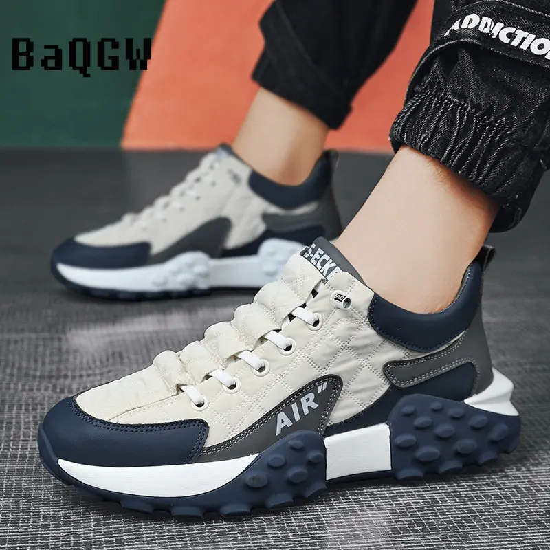 Chunky Sneakers Men Soft Sole Running Shoes Fashion Casual Leather Fabric Breathable Height Increased Flat Platform Board Shoes