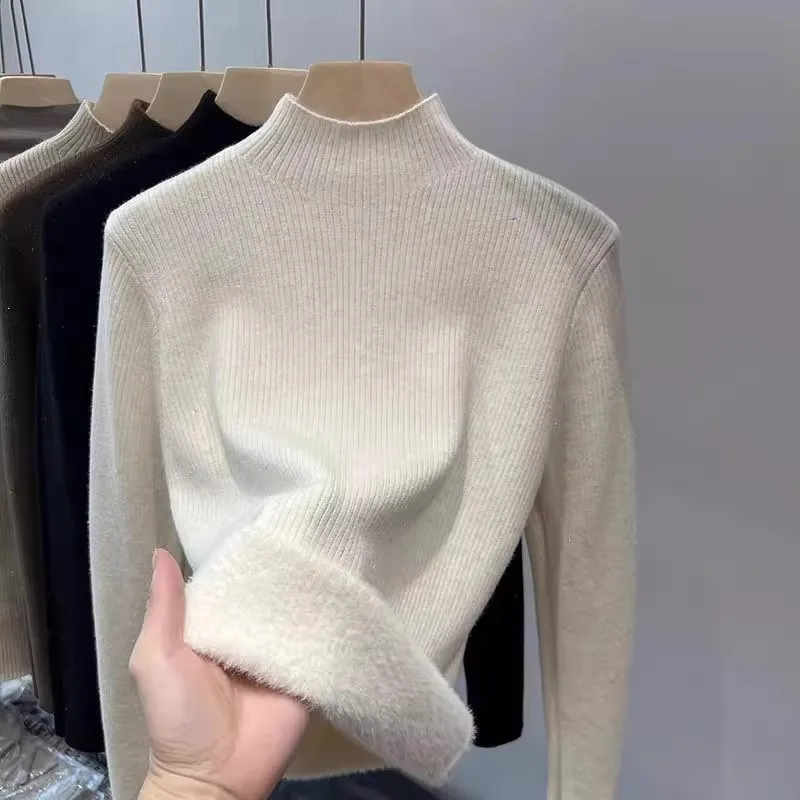 Fleece-Lined Half-Turtleneck Sweater For Women, High-End Feel, Shiny Silk, Warm Thickened, Base Layer, New Autumn And Winter
