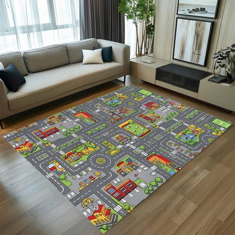 Cute Car Track Play Rug Green Interactive Road Map Print NonSlip Floor Mat for Kids Room Playroom Nursery Toy Car Activity Mat