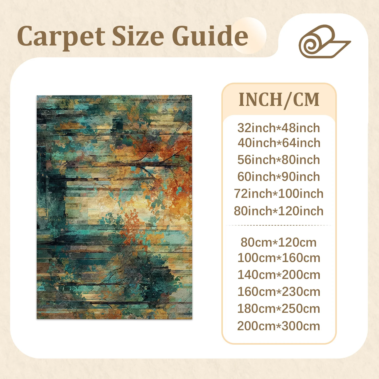 Large Indoor Area Rug, Soft Velvet Low Pile Rug with Non-Slip Dotted Backing, Machine Washable Abstract Teal Amber Forest Pattern, Ideal for Living Room Bedroom Home Decor