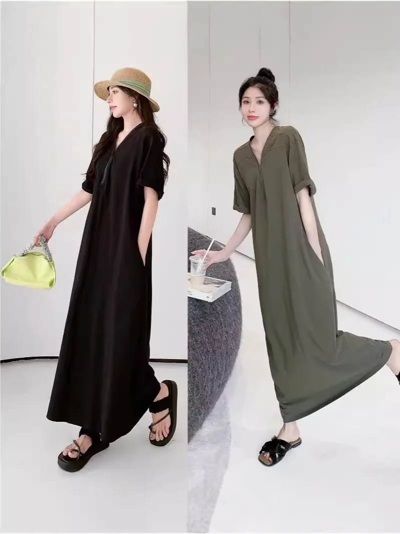 

Retro Zipper Long Dress Women's Summer V-neck Skirt Loose and Thin Belly-covering Dress