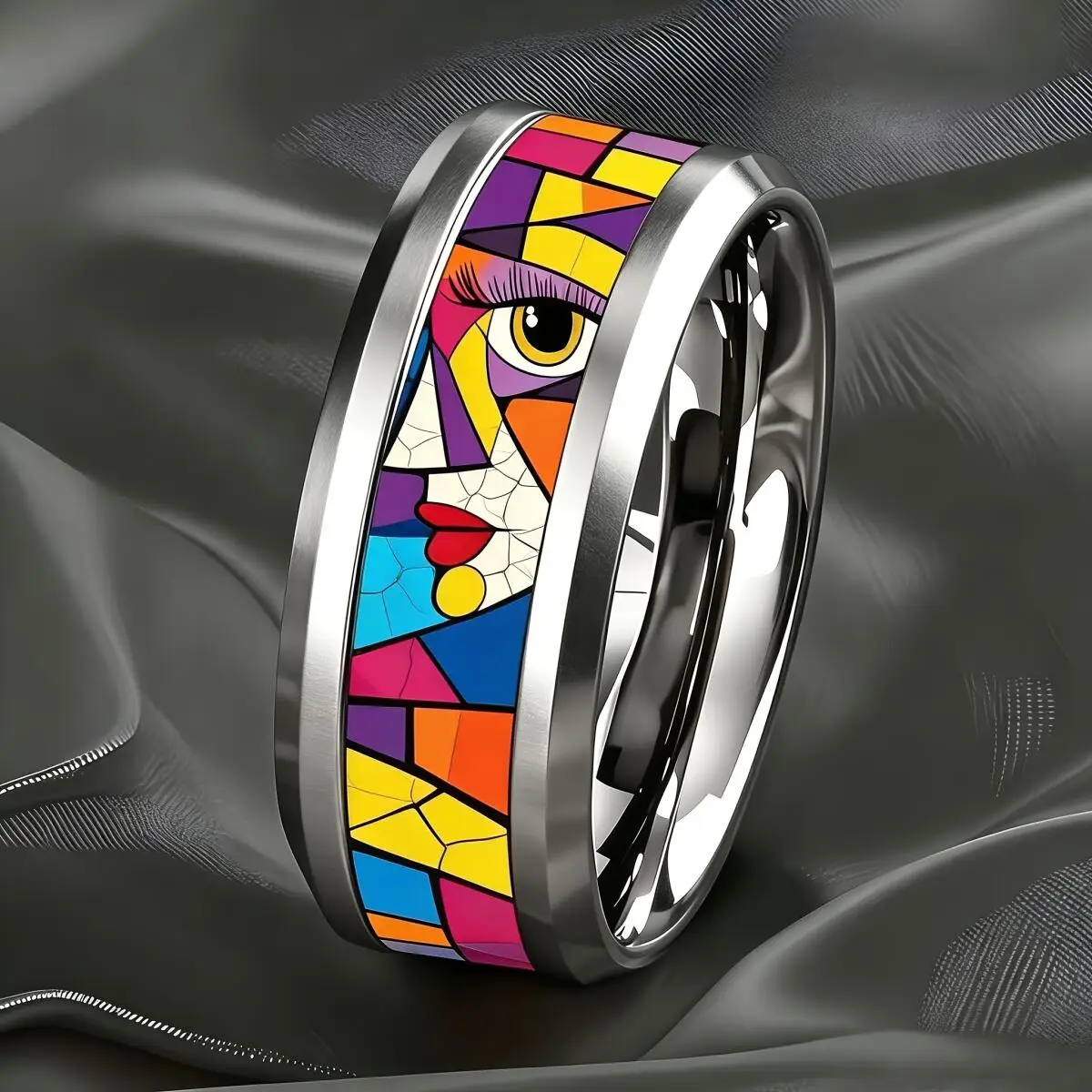 Modern Art Cubism Abstract Colorful Abstract Face Ring Stainless Steel Rings For Men Women Wedding Party Jewelry Christmas Gifts