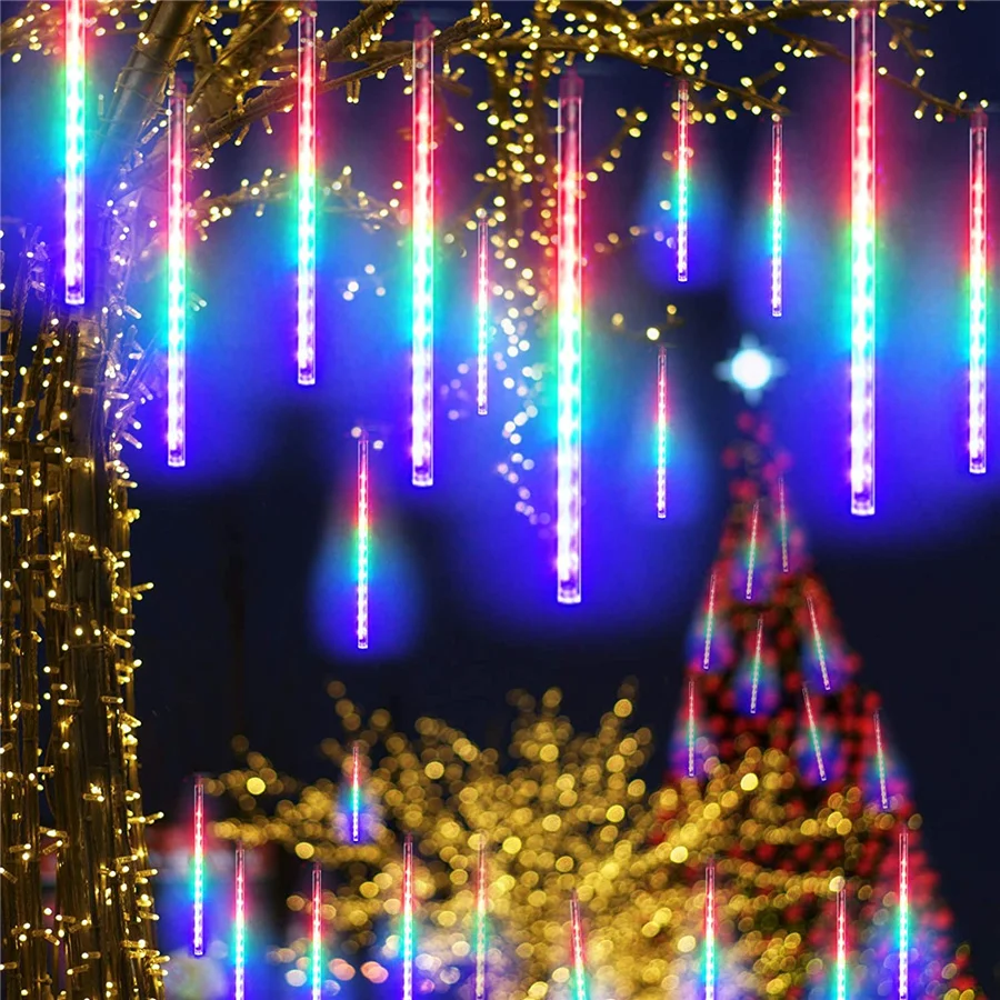 Cadena de luces de jardín de lluvia de meteoritos, luces de hadas de Navidad para fiesta de boda, decoración de vacaciones, carámbano de gota de lluvia al aire libre, 50CM, 8 tubos