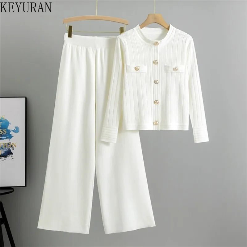 2024 New Casual Sports Knitted Two Piece Sets Women O-Neck long sleeve Single Breasted Cardigan sweater + Wide Leg Pants Suits