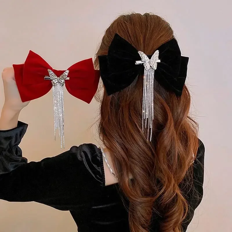 

Femal Red Luxury Rhinestone Tassels Go Shopping Barrettes Hair Accessories Women Fashion Bow Bride's Wedding Hairpin Headwear