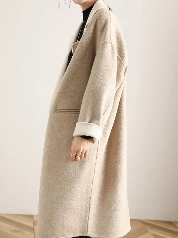 Women's 100% merino wool coat casual solid color long cardigan coat suit collar double-sided tweed pocket single-breasted street