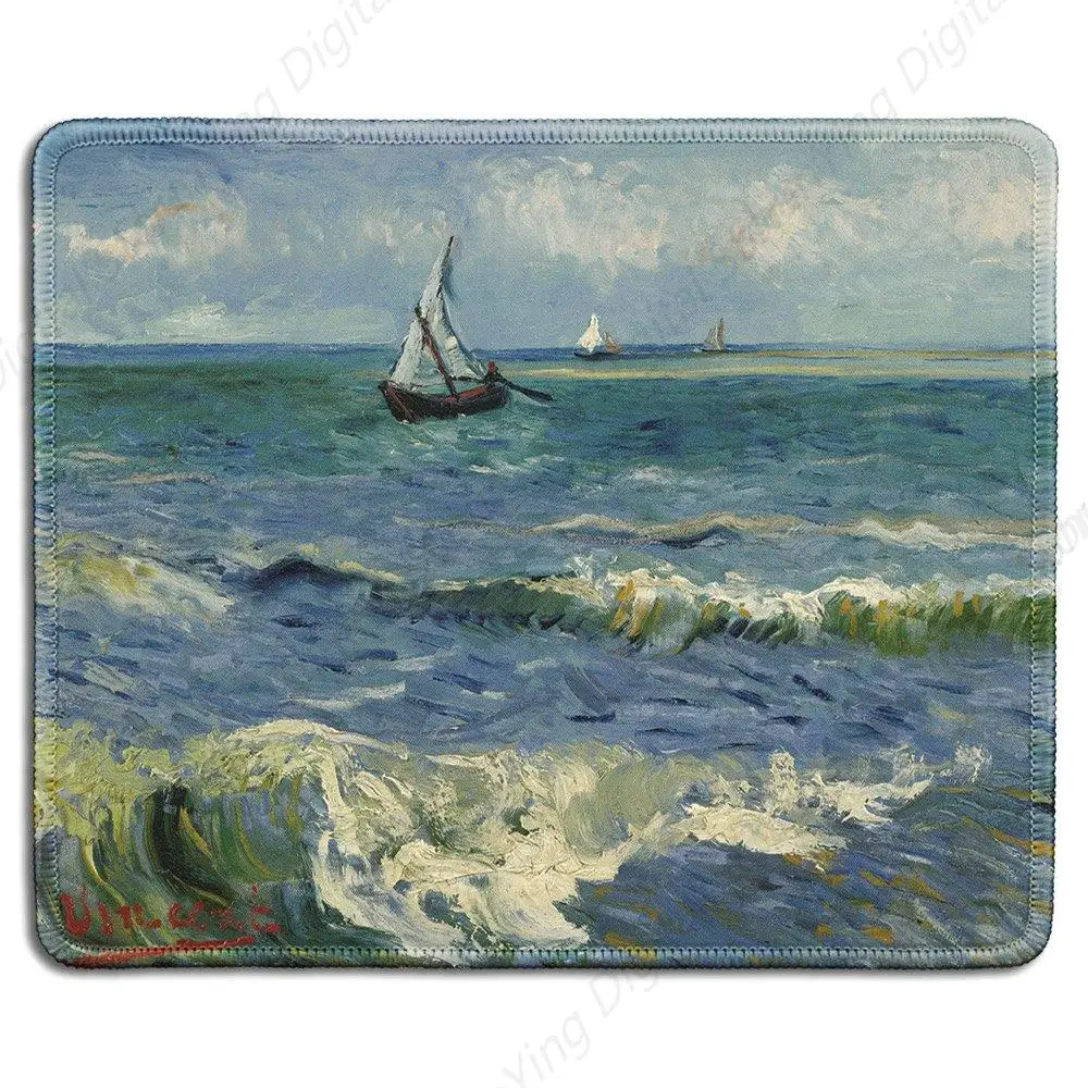 Alfombrilla de ratón artística de goma con vista al mar famosa de Vincent Van Gogh, pintura artística, borde cosido, alfombrilla de ratón para ordenador y oficina, 25x30cm