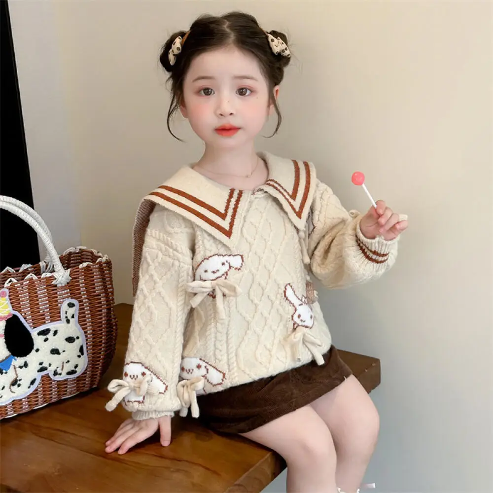 

Sanrio Cinnamoroll Girls' Navy Neck Sweater Autumn and Winter Style Baby Girl Cartoon Bow Knitted Sweater Children's Casual Top