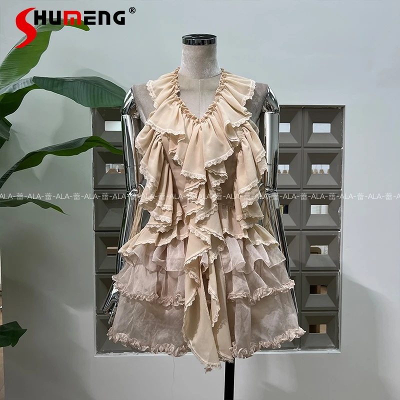 

2025 Women's Summer New Trend Dress Sets V-Neck Fine Flash Lotus Leaf Edge Zipper Tops Cake Skirts 2-Piece Sets Female Nice 2pcs