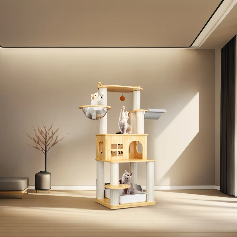 Large Wooden Cat House & Cat Tree Tower Condo Pet Play Furniture with Scratching Post Durable Cat Trees & Scratcher for Kittens