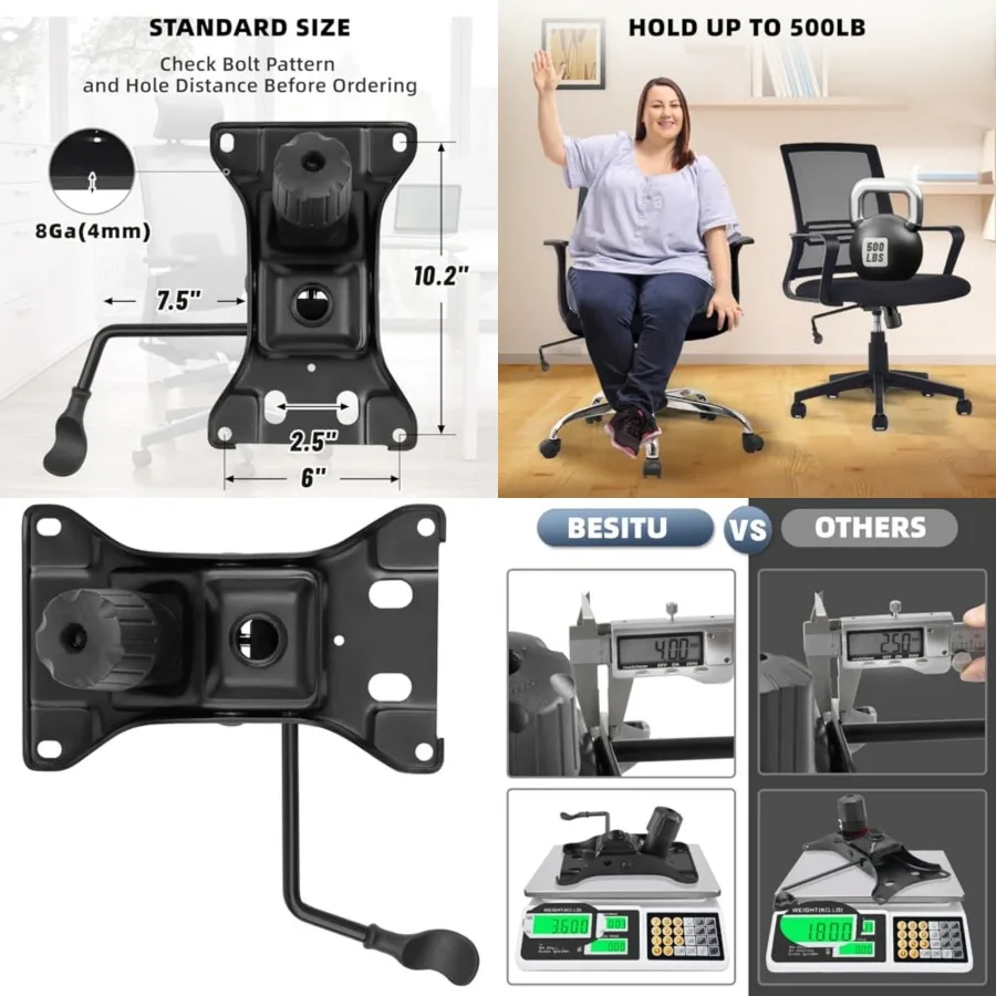 

500Lbs Office Chair Replacement Parts, w/ 6'' x 10.2" Mounting Holes Chair Base Heavy Duty Plate Swivel Tilt Control Seat Mecha