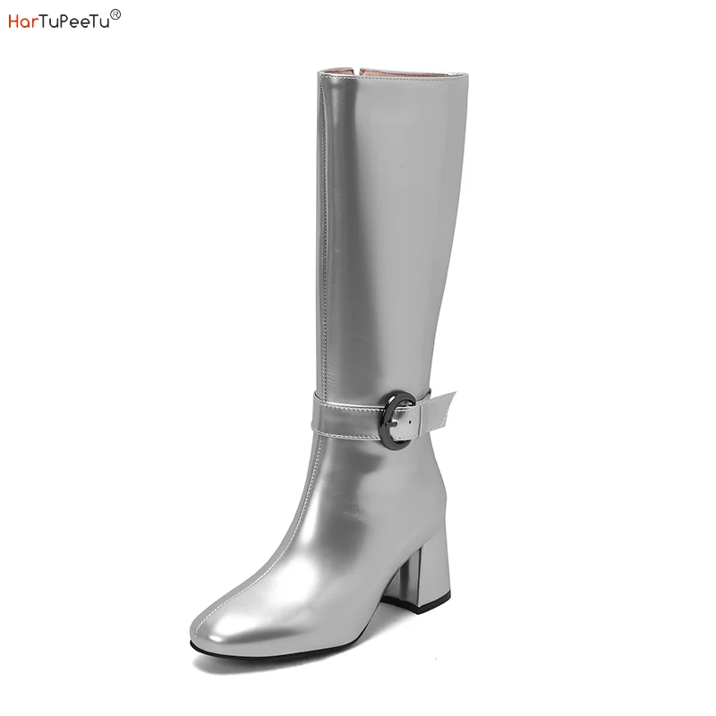 2023 Autumn Winter Women Riding Boots Knee High Mirror Patent Leather Shoes Silver Gold 8 Colours Zipper Square Toes Solid Boots