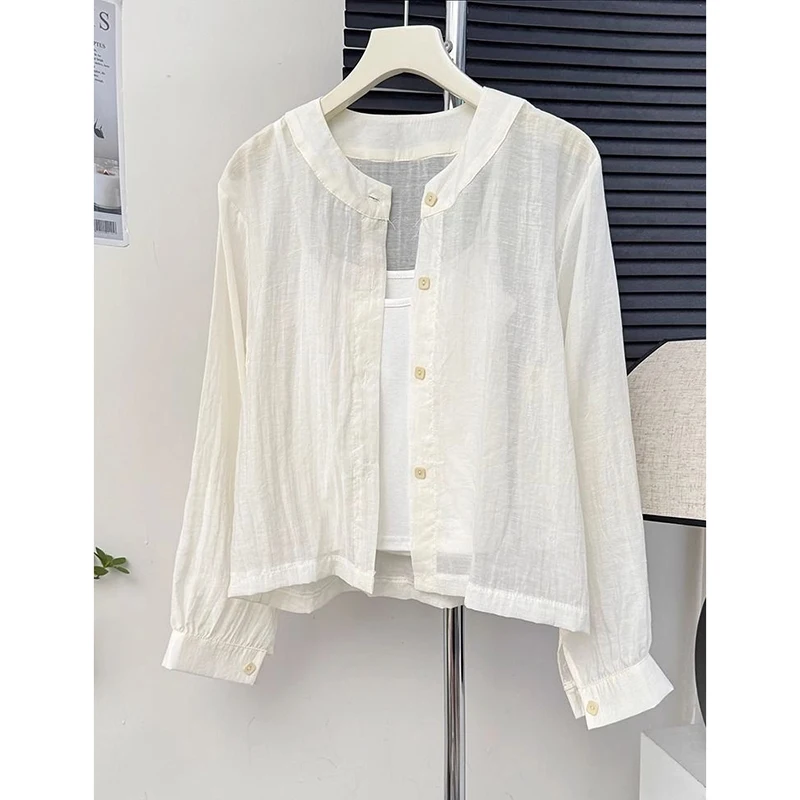 قميص نسائي أنيق بياقة مستديرة وأكمام طويلة، ملابس خارجية للحماية من الشمس، تصميم مريح، صيف 2025، أسلوب كوري عصري