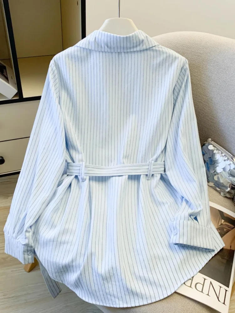 

Elegant Blue Striped Shirt Women's Loose Top Spring New Style Casual Wear Single Piece Lazy Style Waist-Cinching Design