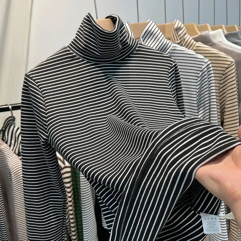 Korean High Collar Long Sleeve Women's Base Shirt Retro Style Color Block Striped Thermal Top for Autumn Winter Fashionable V...