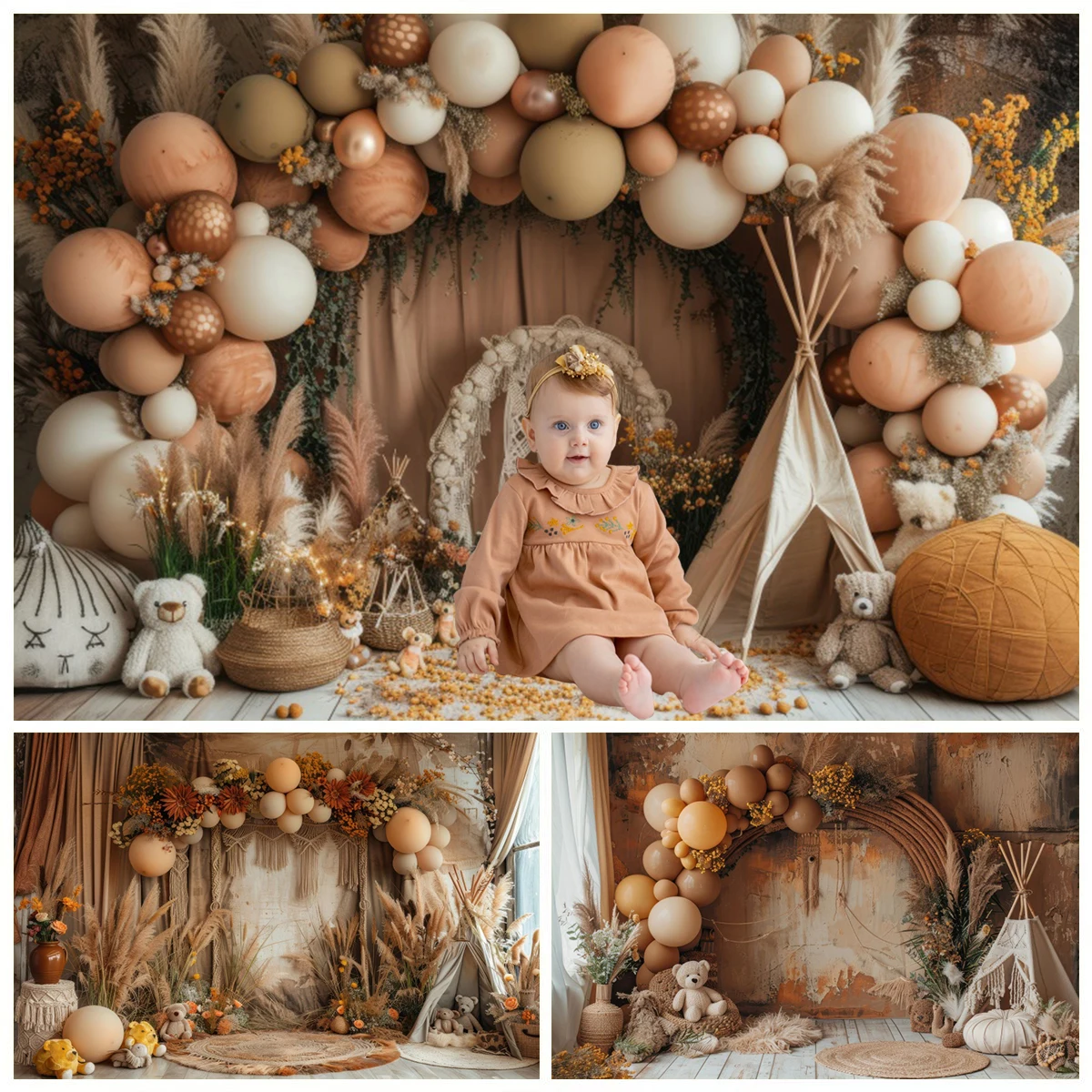 Brown Balloons Boho Photography Backdrop Pampas Grass Tent Bohemia Baby Shower Birthday Party Cake Smash Photo Background Decor