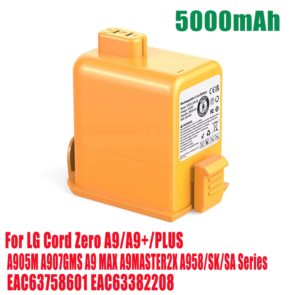 25.55V 5000mAh Battery For LG Cord Zero A9/A9+/PLUS A905M A907GMS A9 MAX A9MASTER2X A958/SK/SA Series EAC63758601 EAC63382208