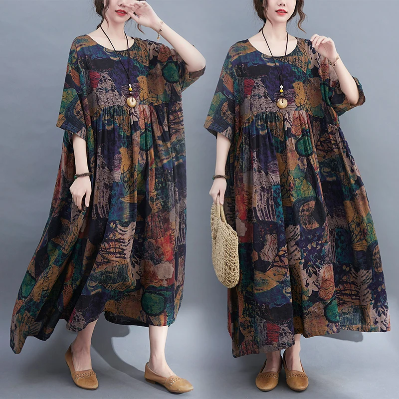 Retro Plus Size Kaftan Women's Cotton home Dress Secret Forest Printing Round Neck Short Sleeve Casual Female Vintage Maxi Dress