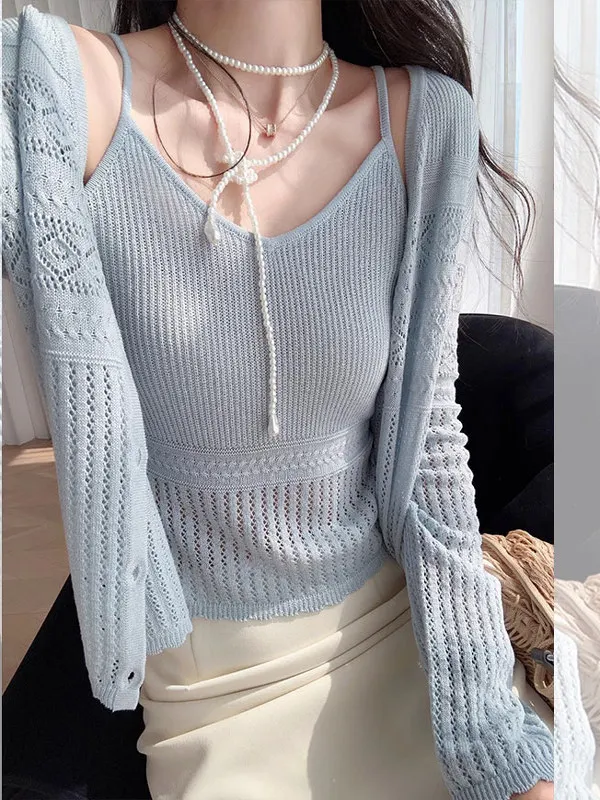 Purple Knitted Open Cardigan Thin Women's Outerwear Autumn Halter Dress Cover up Two Piece Set Top Soft Long Sleeve V Neck