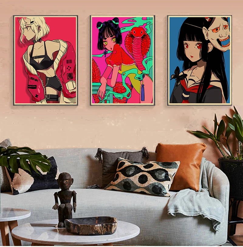 Ins Girls Cartoon Art Retro Poster Anime Girl Character Kraft Paper DIY Vintage Home Room Bar Cafe Decor Aesthetic Wall Painting