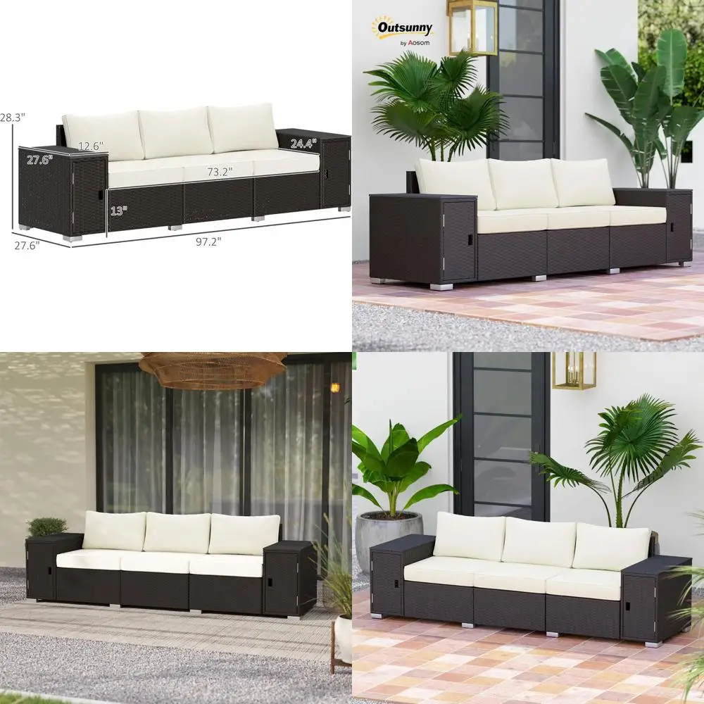

Cream White/Brown 3-Seat Wicker Outdoor Sofa with Storage Sides and Cushions