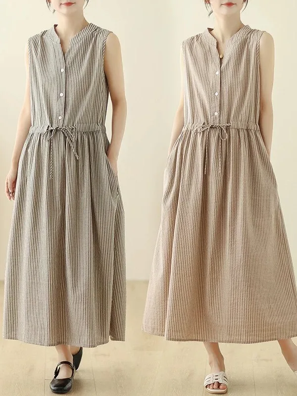 

High-End Artistic Striped Sleeveless V-Neck Long Dress Women's plus Size Summer Breathable Gown Comfortable A-Line Skirt