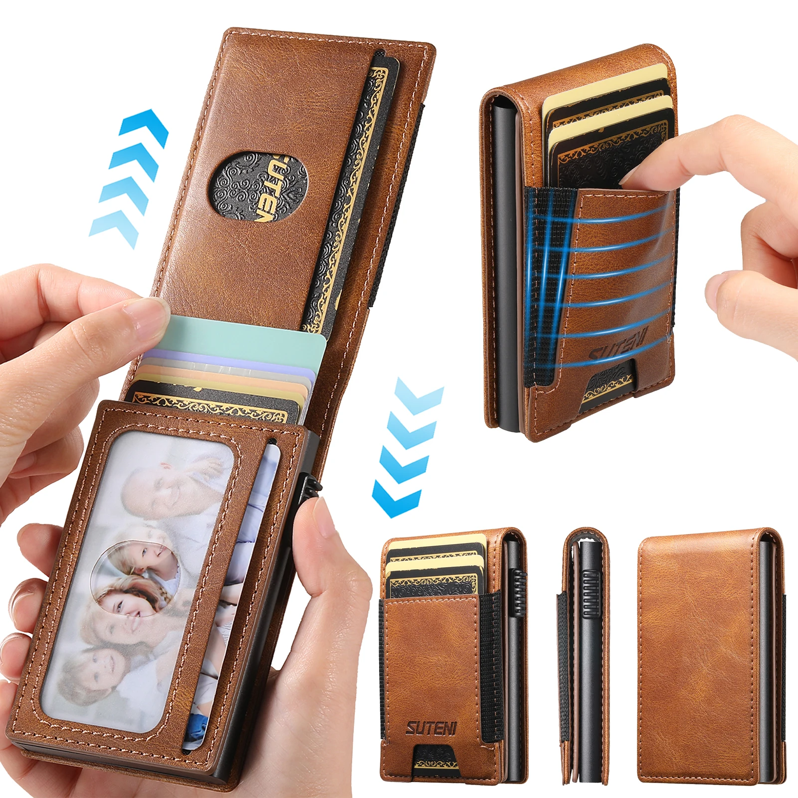 Leather Pattern RFID Blocking Push Out Card Purse for Men Wallet Cards Slot Case Pressing Button Automatically Ejects The Card