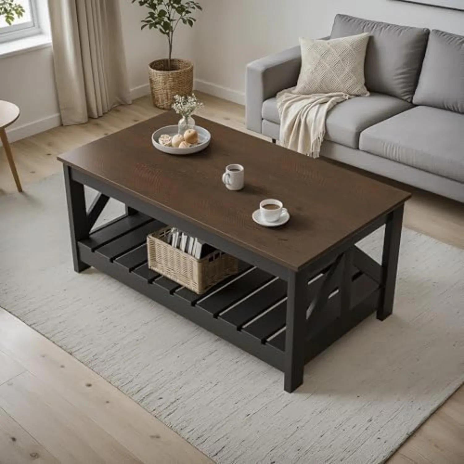 Farmhouse Coffee Table, Coffee Tables for Living Room, Farmhouse Square Coffee Table with Storage, Couch Table, Small