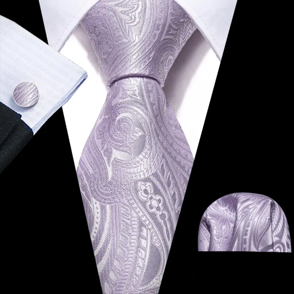 Exquisite Tie For Men Luxury Lilac Purple Paisley Necktie Handkerchief Cufflink Set Groom Wedding Gifts Designer Barry.Wang 6402