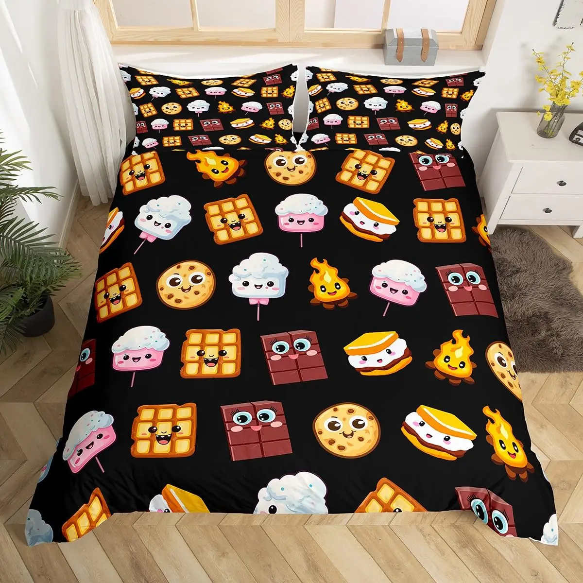 Cute S'Mores Duvet Cover for Kids Boys Girls Marsh Mallow Cookie Bedding Set Cartoon Camping Duvet Cover Dessert Quilt Cover